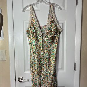Wild Fable satin maxi slip dress floral lace trim baby doll side zip size Med